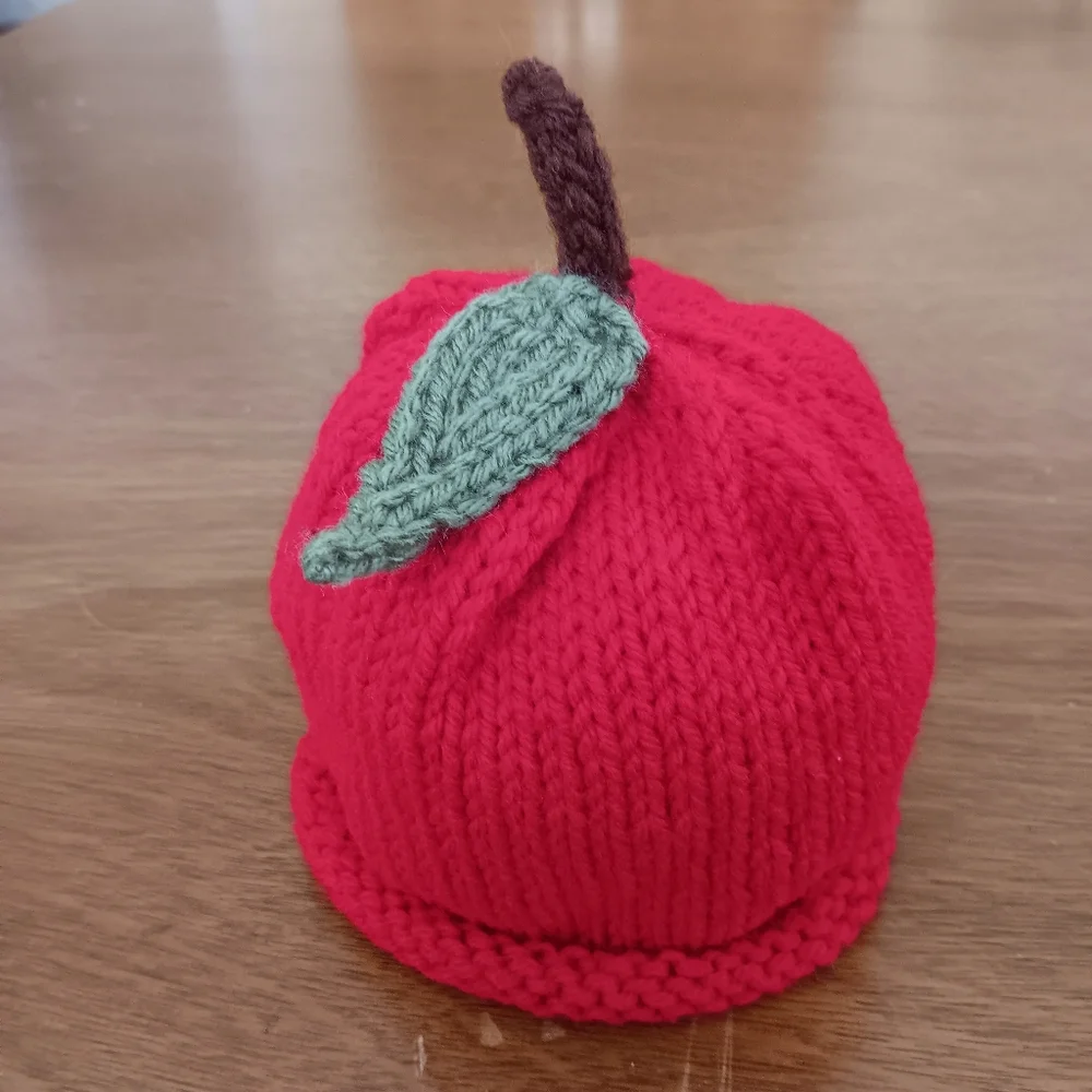Hand Crafted Handknit Red Apple Winter Baby Hat 3-6M